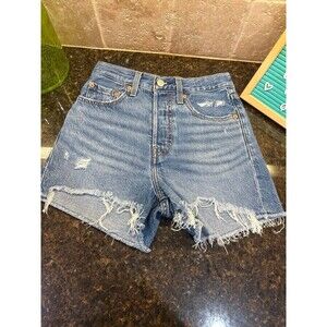 Levi’s Premium Ribcage Shorts W24 High Rise Button Fly Distressed Raw Hem EUC